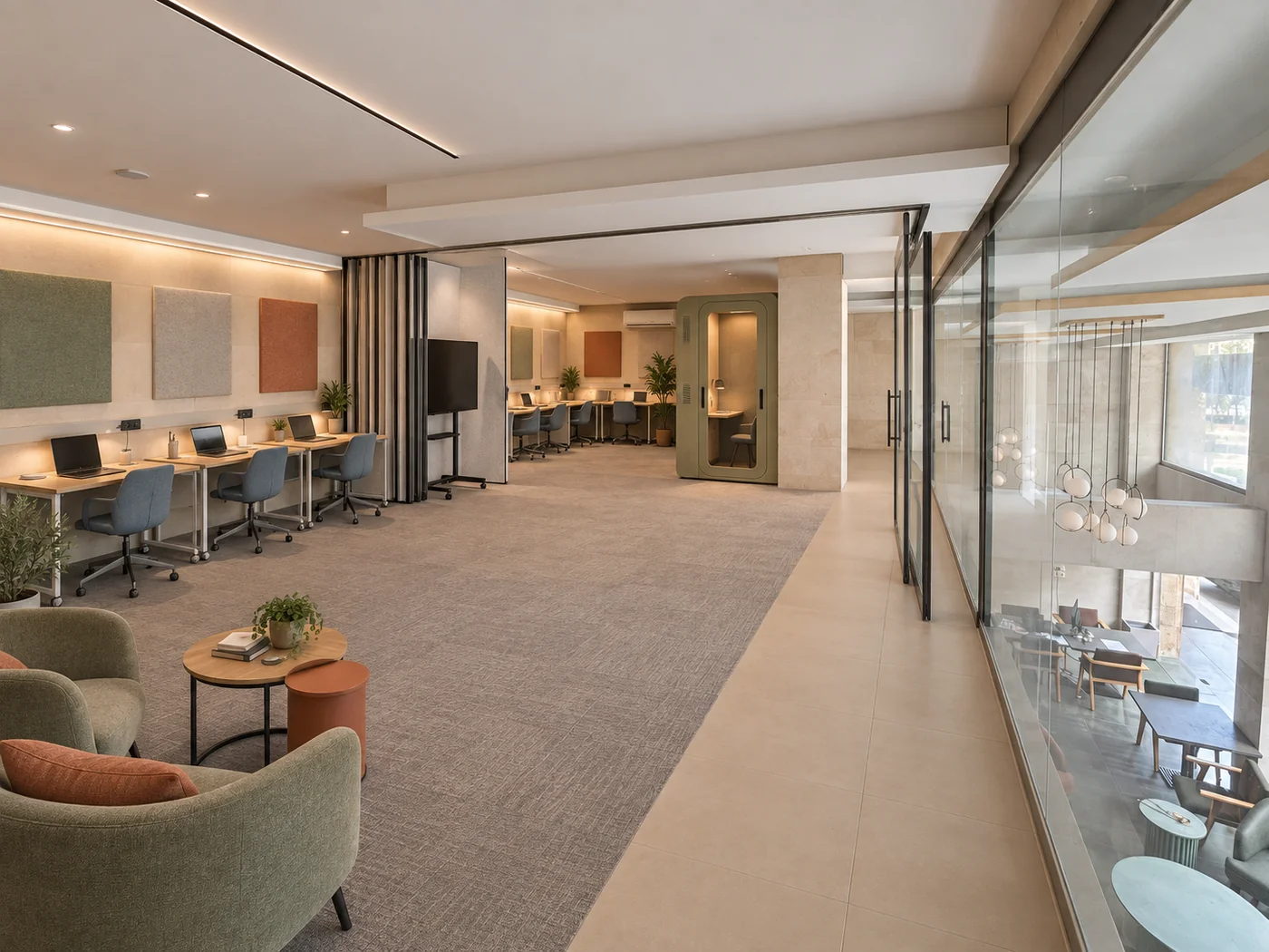 Coworking design concept with individual desks, lounge seating and a private call booth