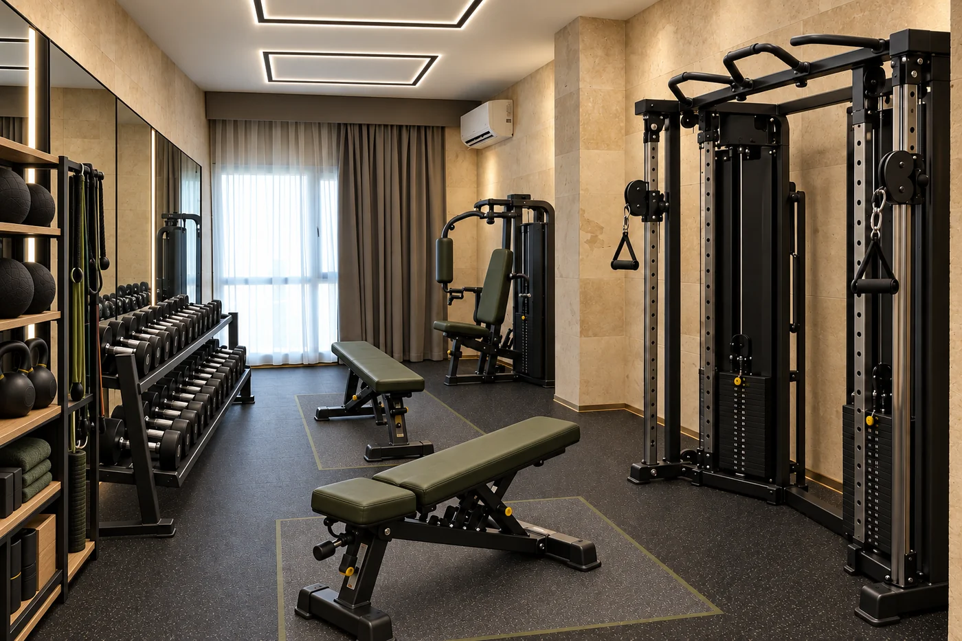Gym design concept with strength-training equipment and limestone walls