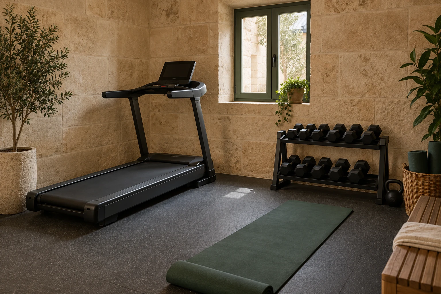 AI-generated gym concept with limestone walls, a treadmill and free weights